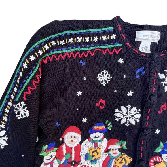 Studio Works Vtg Ugly Christmas Cardigan Sweater M Black Embroidery Front Back - Picture 2 of 11